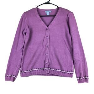 Eddie Bauer Womens Sweater Purple V Neck Button Down Knit Fair Isle Small